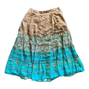 Coldwater Creek Colorful Boho Linen Blend Floral Sequin Bead Midi Skirt- Size M